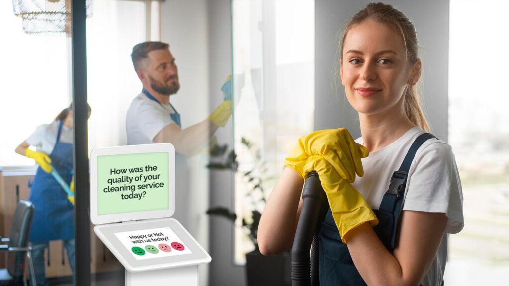 Reinigungskräfte arbeiten in einer Büroumgebung. Im Büro ist ein digitales Befragungsgerät, das die Frage stellt: "Wie war die Qualität Ihres Reinigunsdienstes heute?"