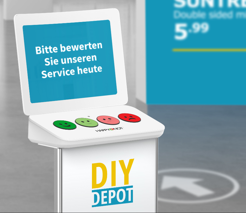 Smiley Terminal für ein Handelsunternehmen im Bereich des DIY mit Personalisierung durch das Logo.