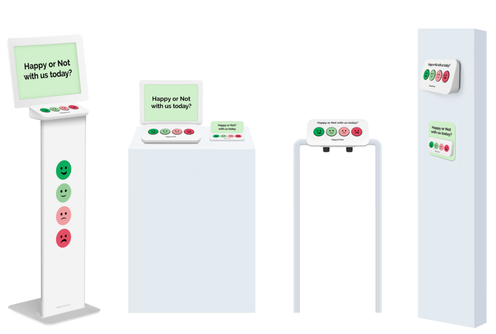 Wer Smiley Terminals mieten möchte, hat die Auswahl aus diesen sechs verschiedenen Formfaktoren. Feedback Buzzers mit Fuß, für den Ladentisch, für die Schiene oder für die Wände.