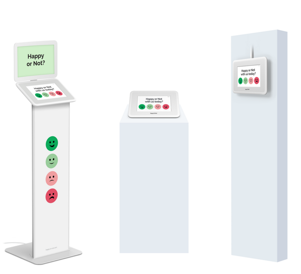 Feedback Smiley Varianten mit Display und verschiedenen Aufstellungsszenarien wie Aufsteller, Tisch oder Wand.