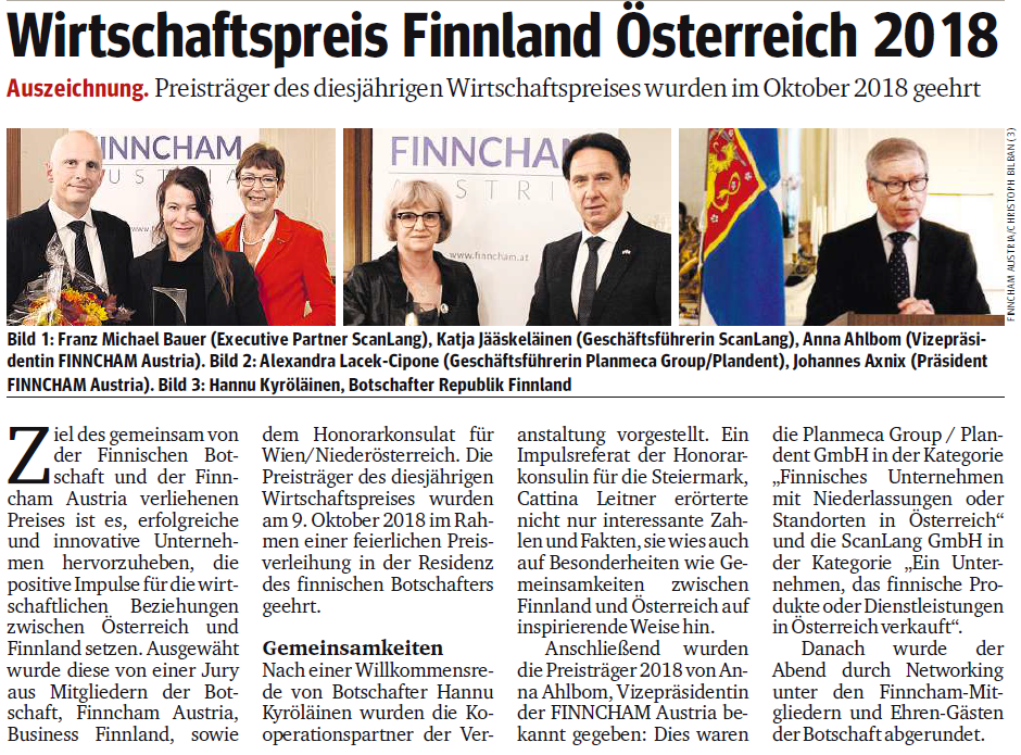 Zeitungsartikel über die Verleihung des Wirtschaftspreises an die ScanLang GmbH. Auf den Bildern sind die Geschäftsführer der ScanLang GmbH bei der Preisverleihung.