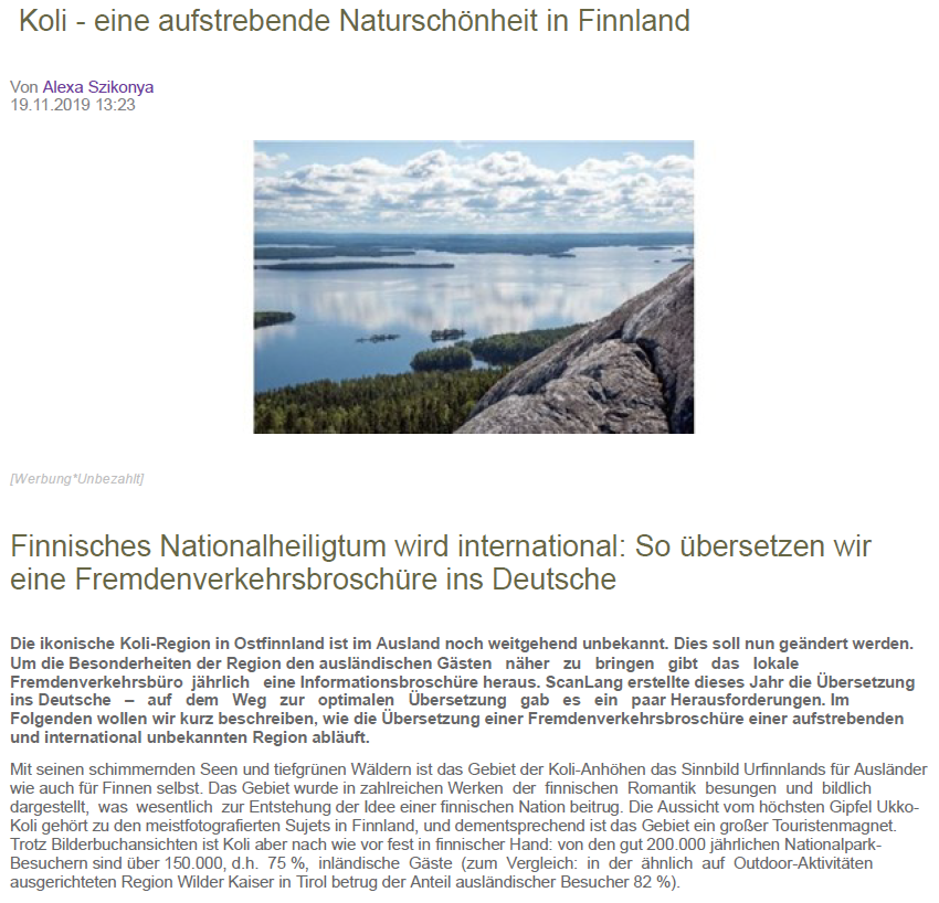 Foto der Tourismusregion in Finnland und ein Übersichtstext zu unseren Übersetzungen vom Finnischen ins Deutsche für das Tourismusbüro in Koli.